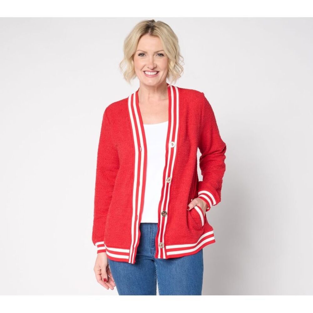 Top Knot Women's Sweater Sz M Blouson Sleeve Striped Trim Cardigan Red A682079
